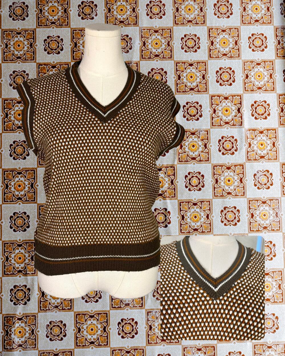 Vintage 70s Towncraft JCPenney Sweater Vest Brown White Stripe Jacquard V-Neck L